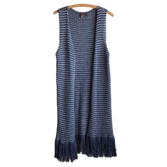 Iperico Cardigan Open Front Sleeveless Long Knit Fringe Blue White - Picture 1 of 8